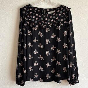 EUC LOFT Women's Black Top with Red and Cream Accents Long Sleeve SZ M